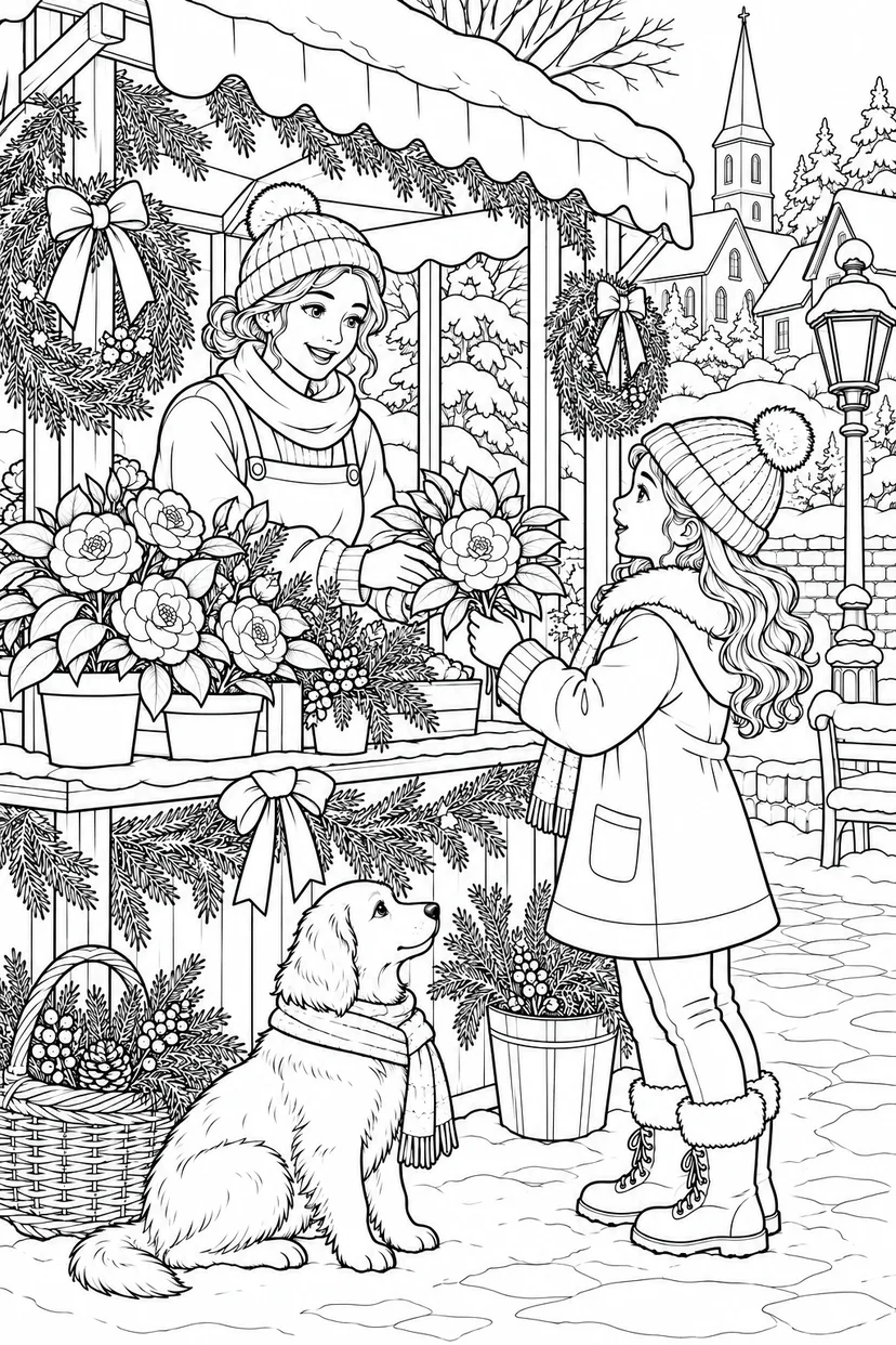冬の花屋さんの小さな屋台の塗り絵