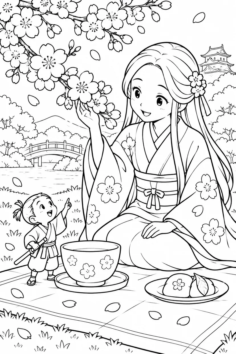 一寸法師・姫さまと桜の花見の塗り絵