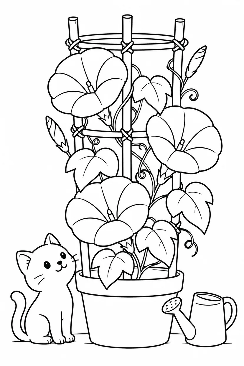あさがおと竹の支柱の塗り絵