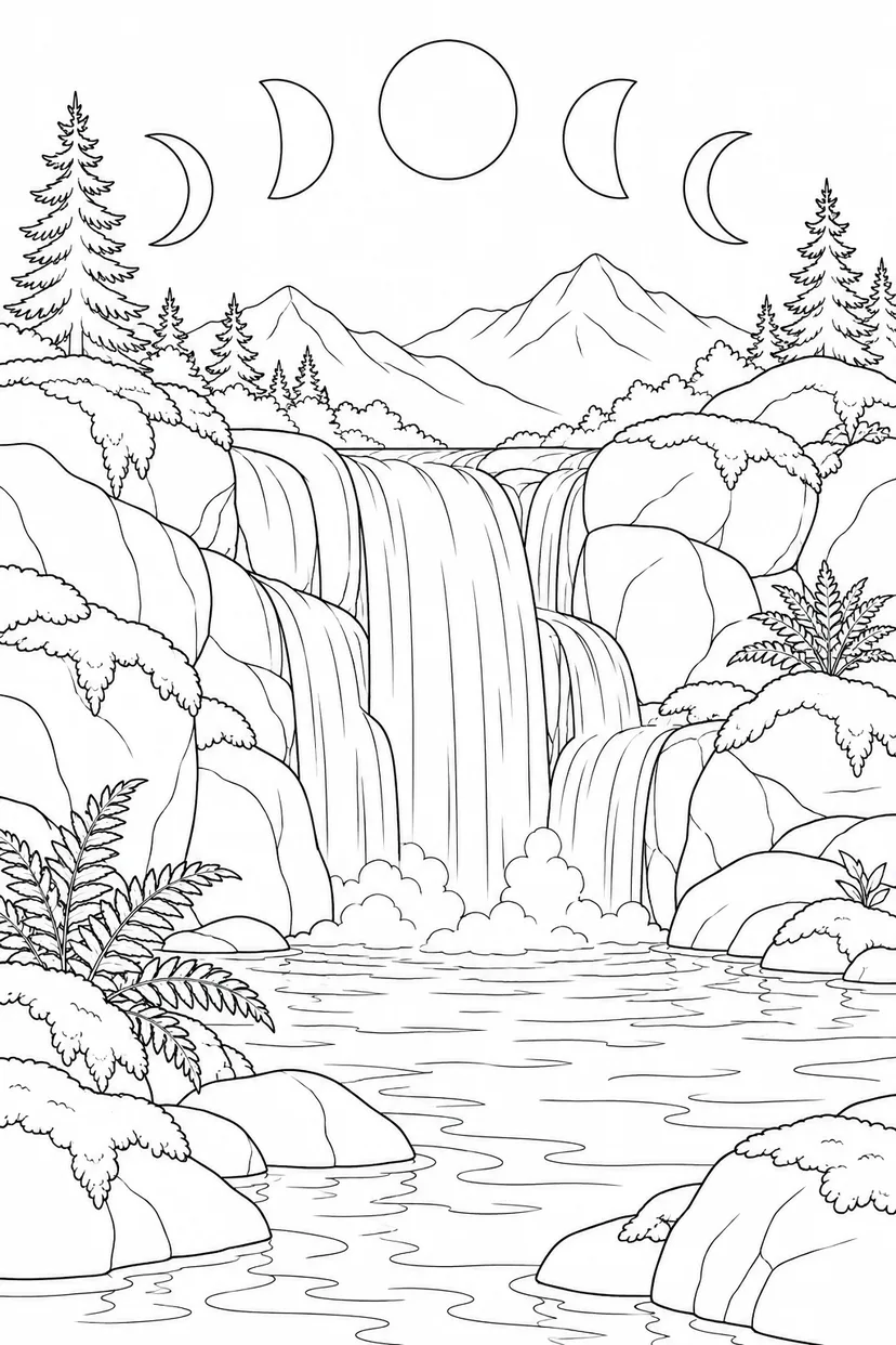 苔むした滝壺と月の満ち欠けの塗り絵
