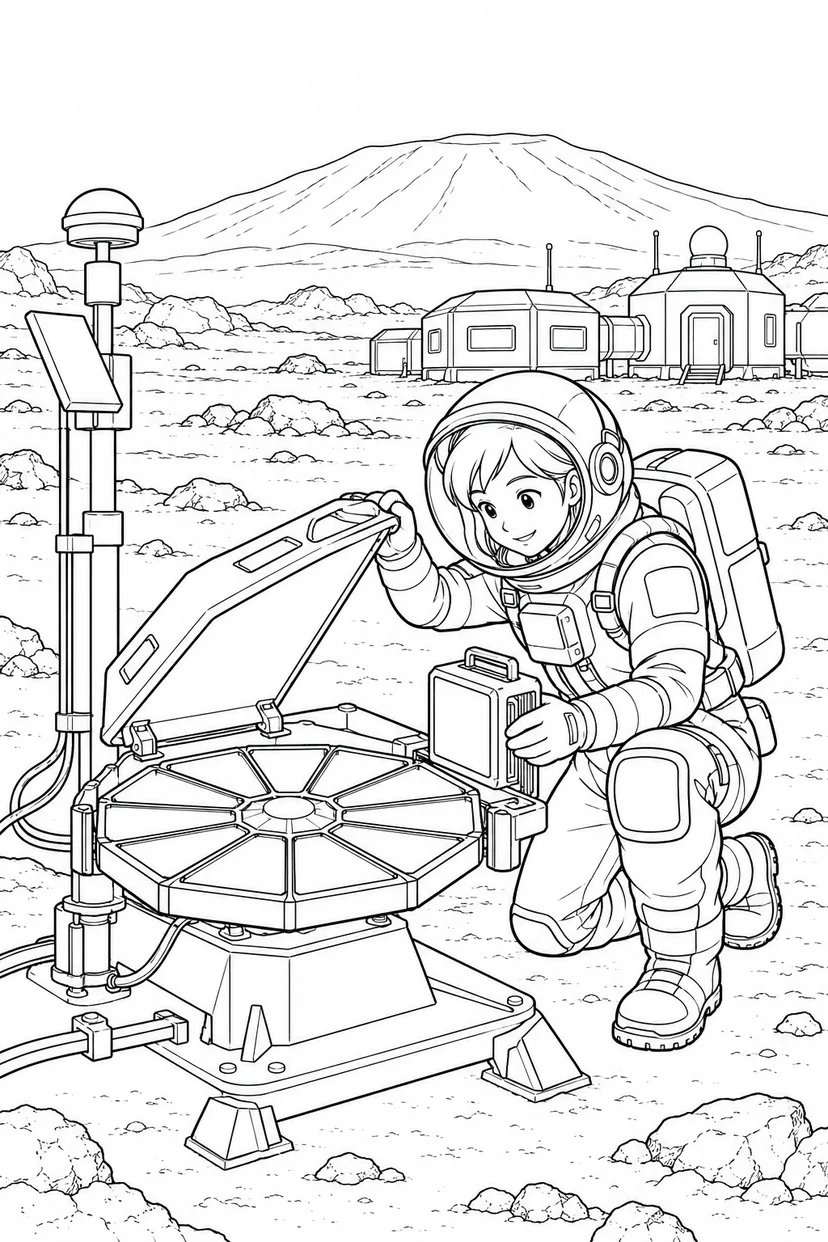 火星の火山平原基地：宇宙のちりを集める装置の塗り絵