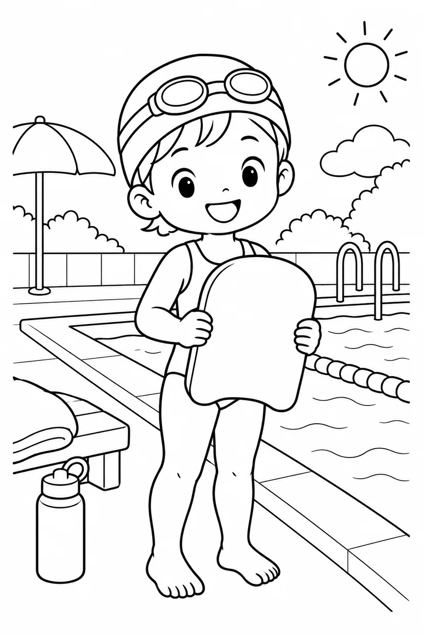 水泳とビート板の塗り絵