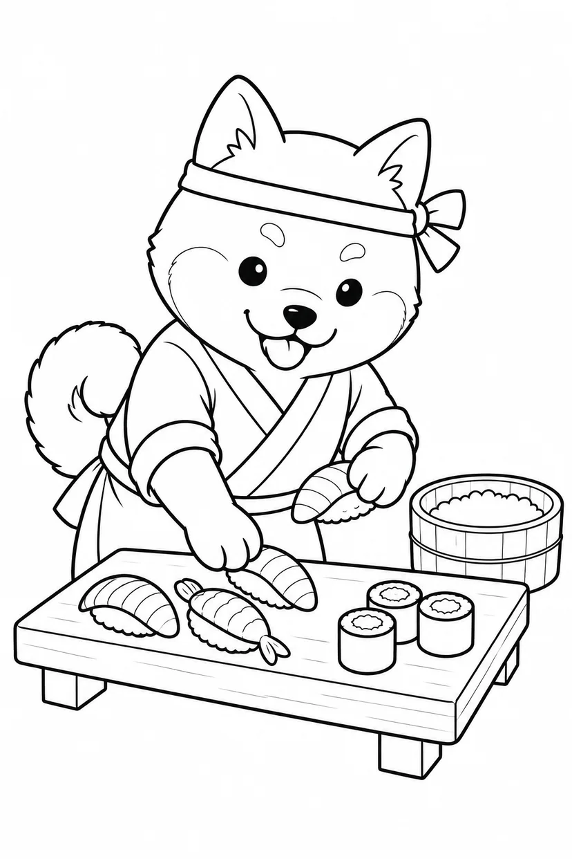 おすしを並べる柴犬の塗り絵