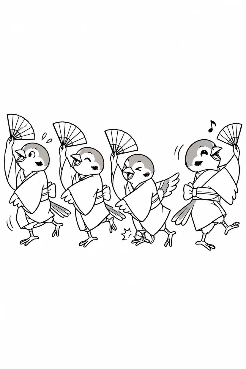 したきりすずめ：ひとりだけ反対向きのすずめ踊りの塗り絵