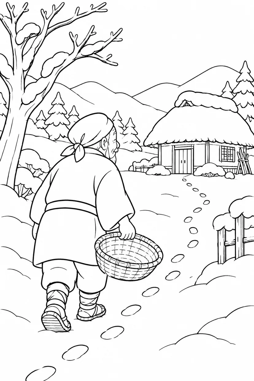 かさじぞう・雪道にのこる足あとの塗り絵