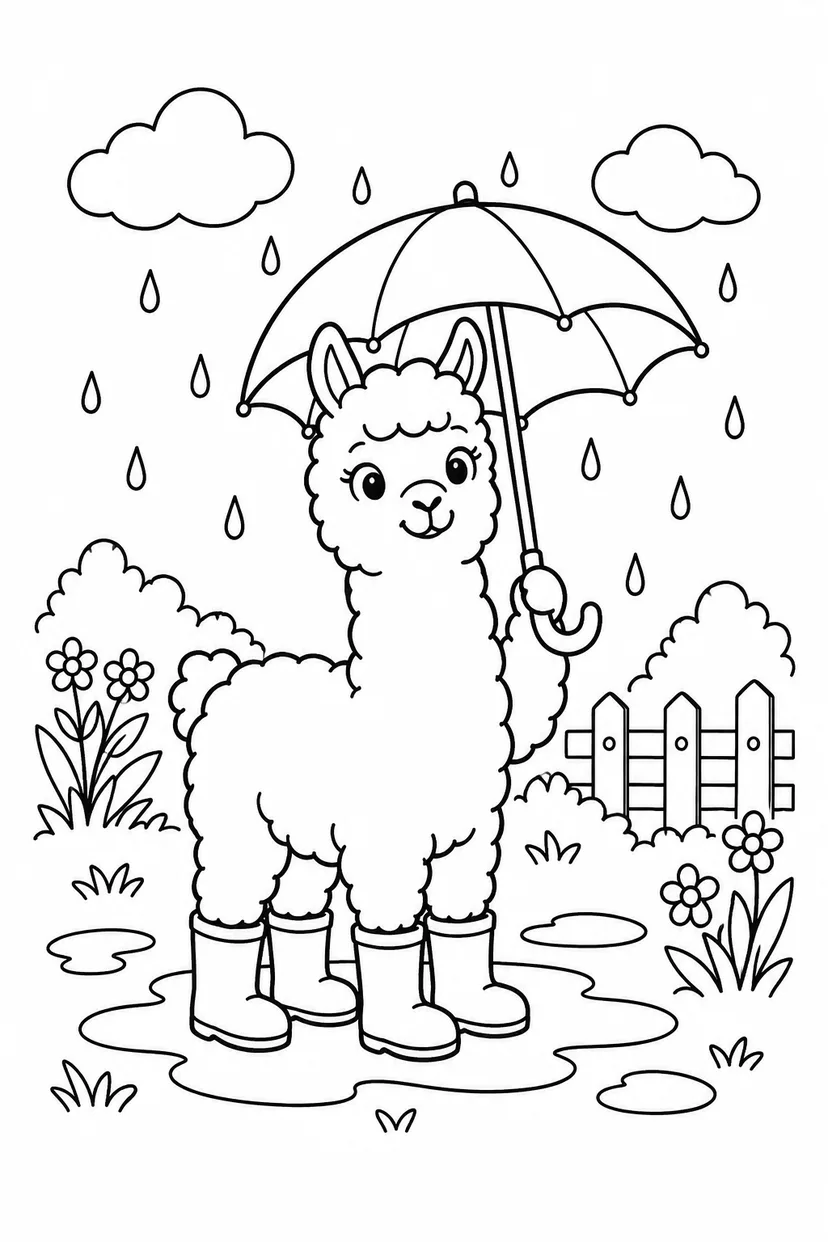 アルパカの雨の日さんぽの塗り絵