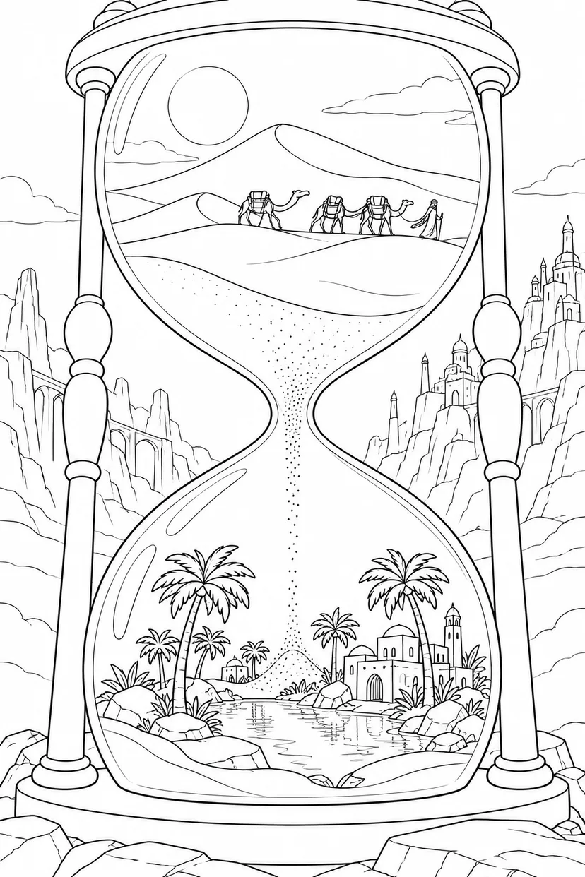 砂時計の中の砂漠の旅の塗り絵