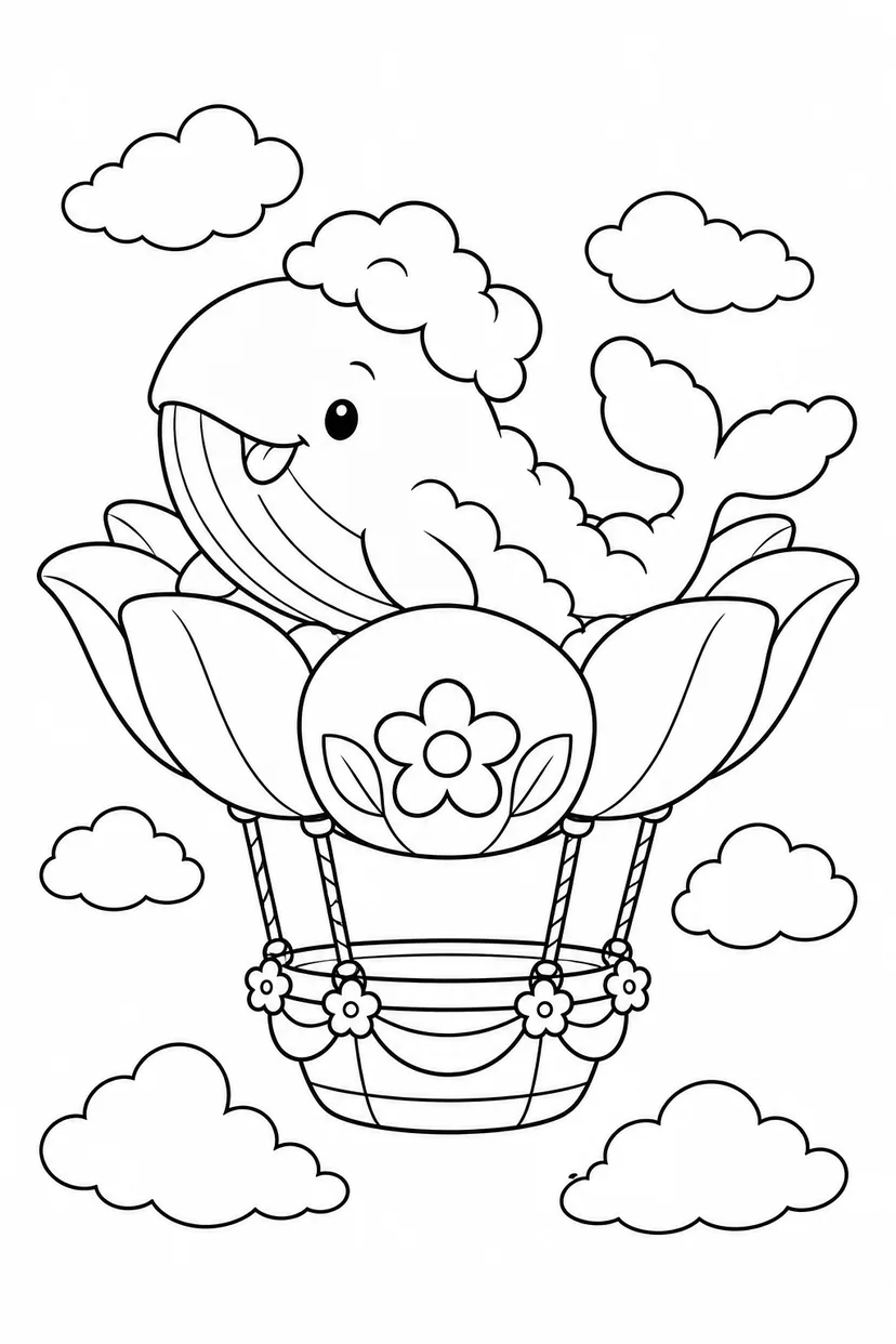 雲のクジラと花の飛行船の塗り絵