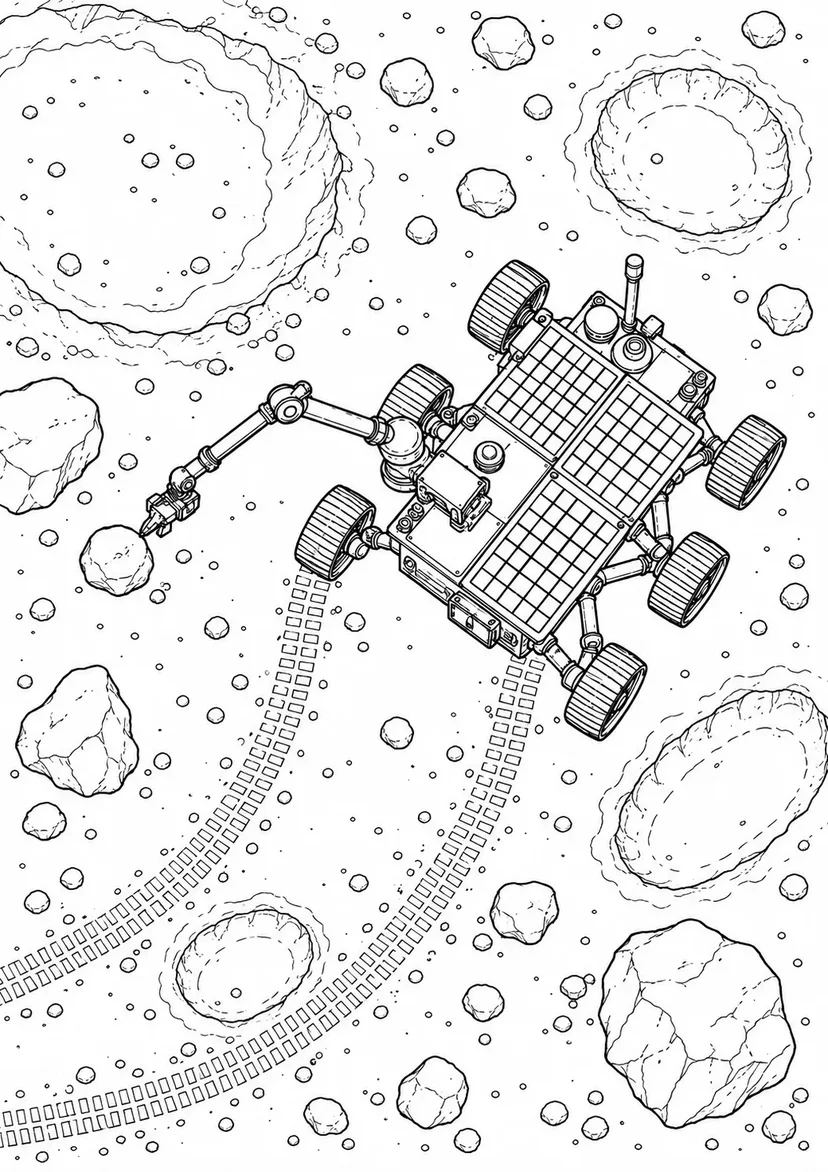 クレーターを調べる探査車の塗り絵