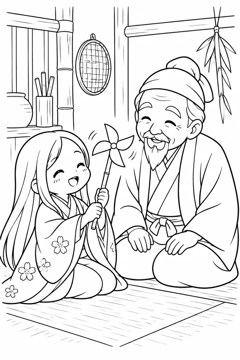 かぐや姫とおじいさんの竹のおもちゃの塗り絵