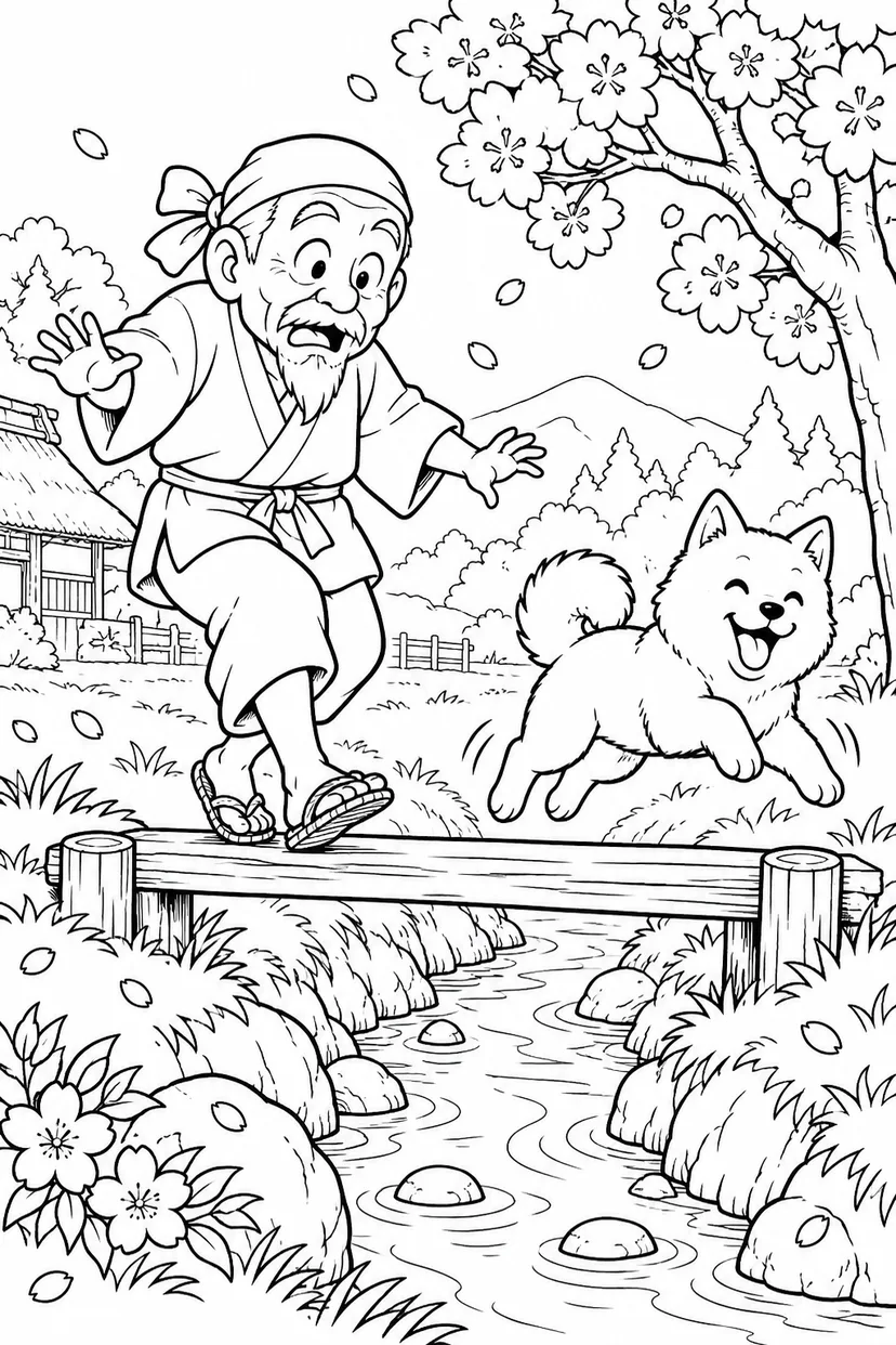 はなさかおじさん：橋を渡る間に犬はひとっとび（ギャグ）の塗り絵