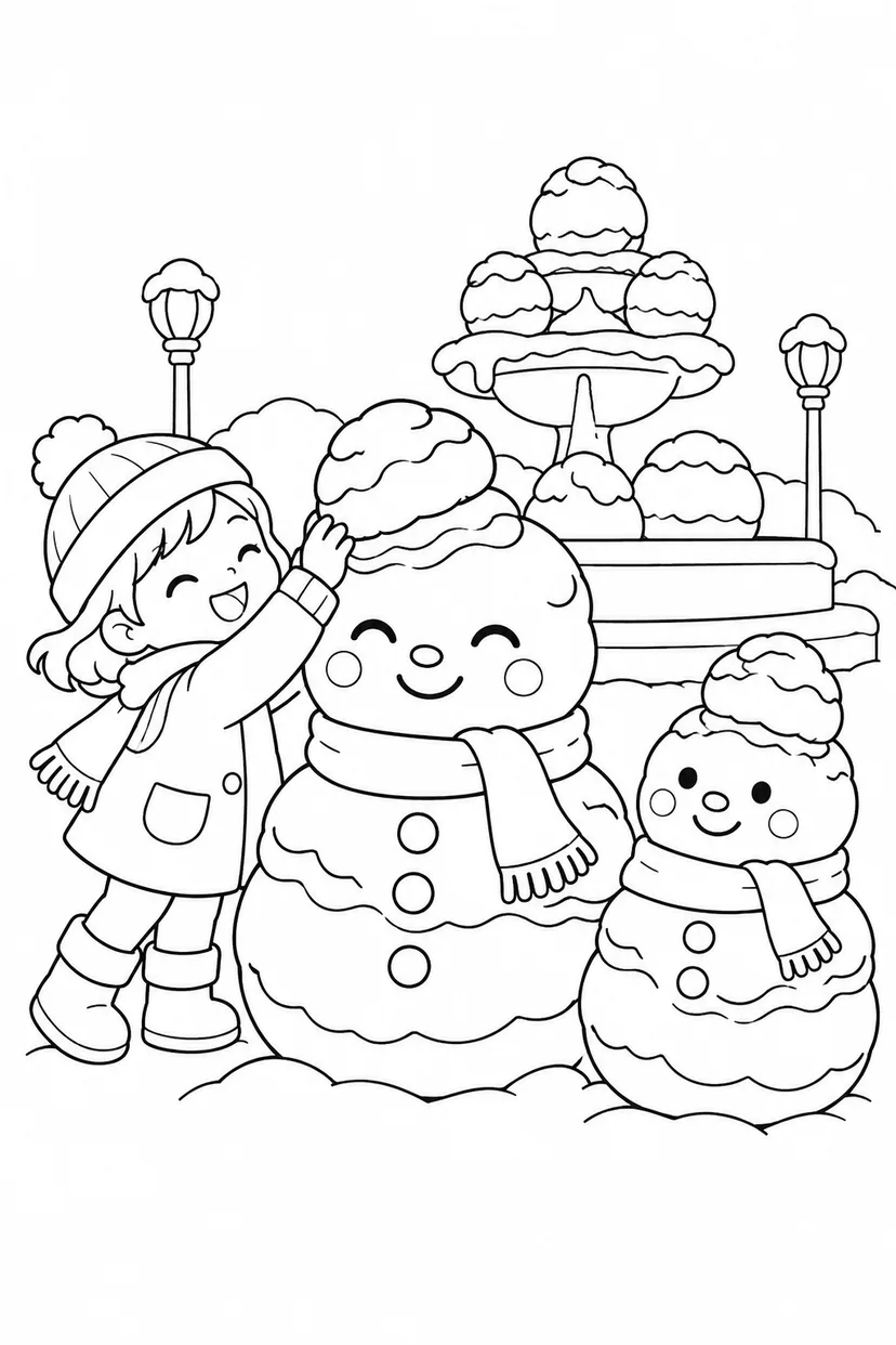 シュークリームの雪だるま広場の塗り絵