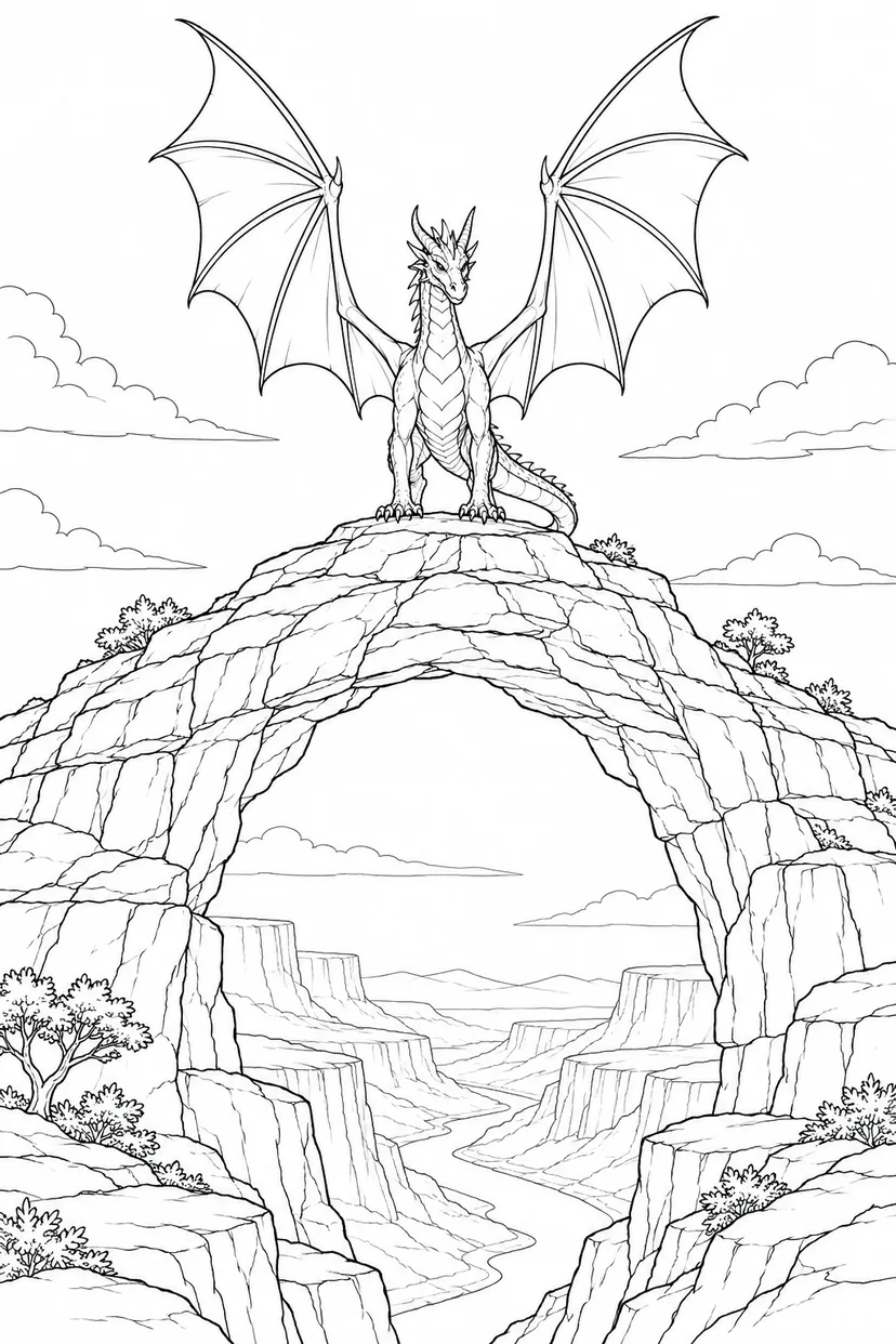 石のアーチで翼を伸ばす竜の塗り絵