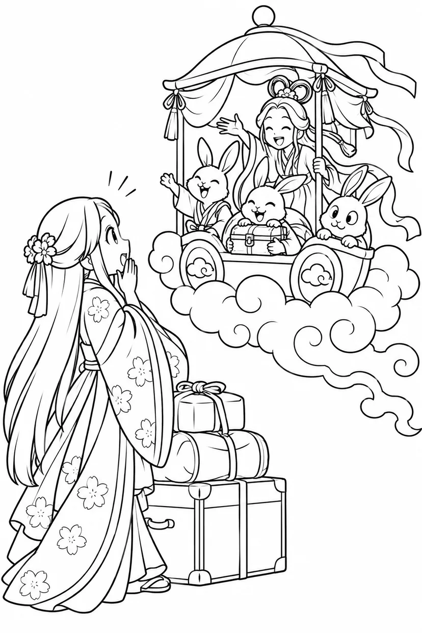 かぐや姫の雲の車は満員ですの塗り絵