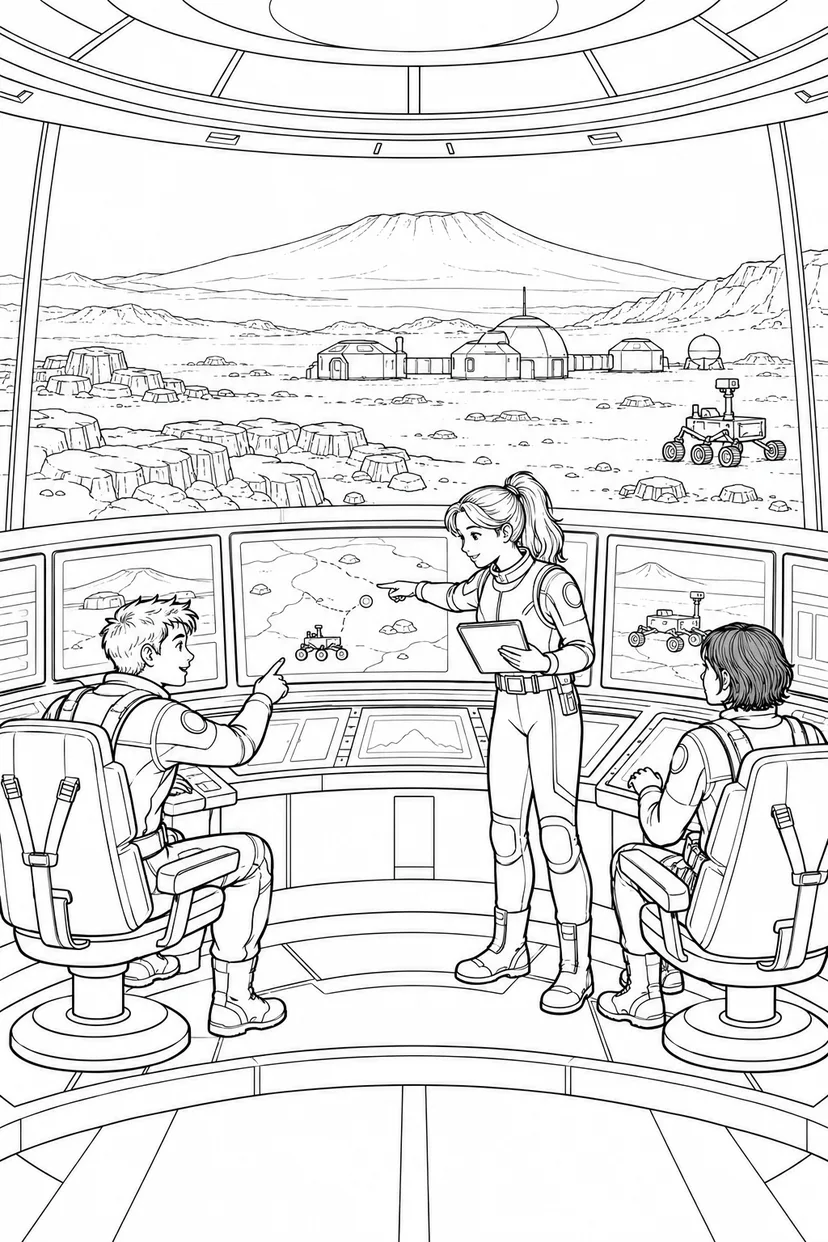 火星の火山平原基地：探査を見守る管制室の塗り絵