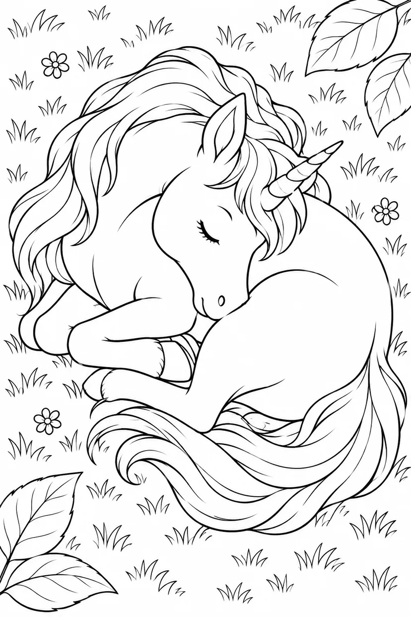 まるく眠るユニコーンの塗り絵