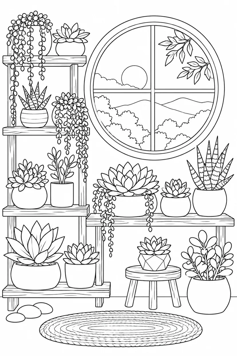 多肉植物の標本棚と丸窓の塗り絵