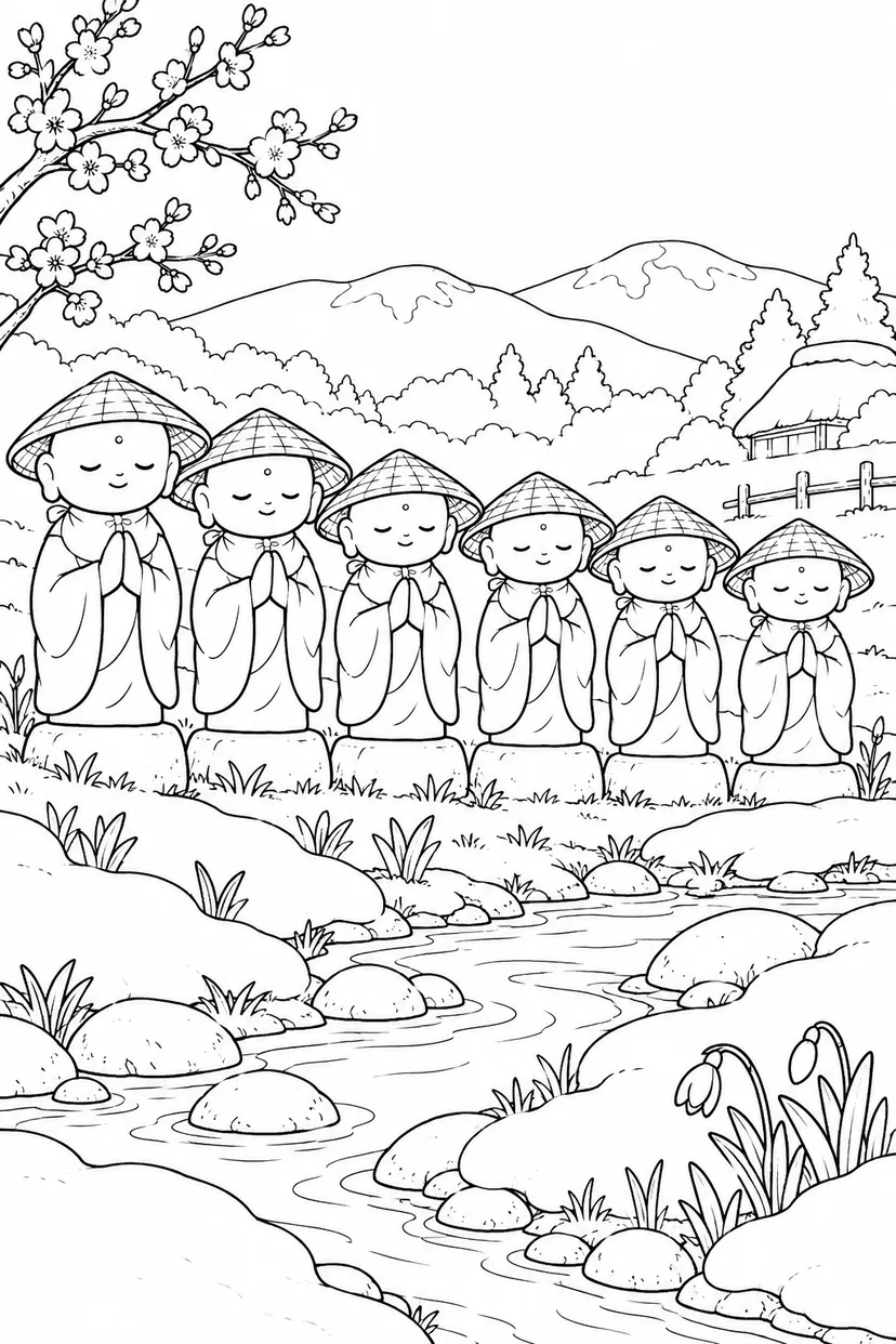 かさじぞう・春を待つ六つの笠の塗り絵
