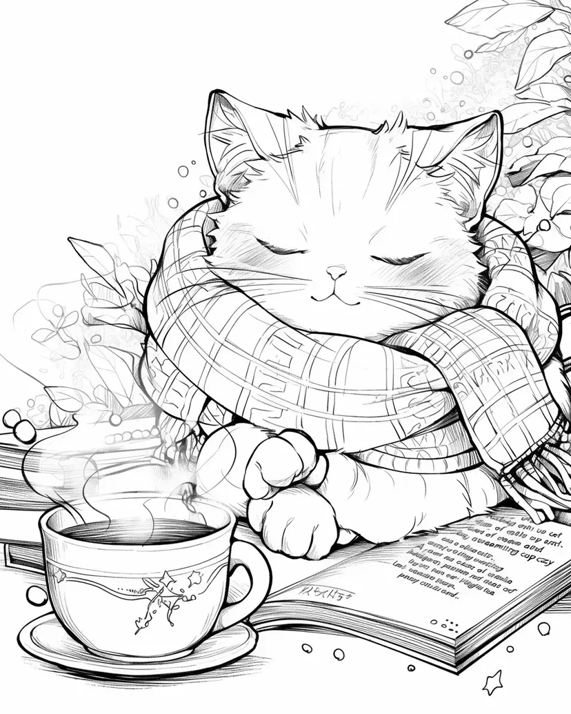 Coloriage Chat se Détend Près de la Tasse de Thé