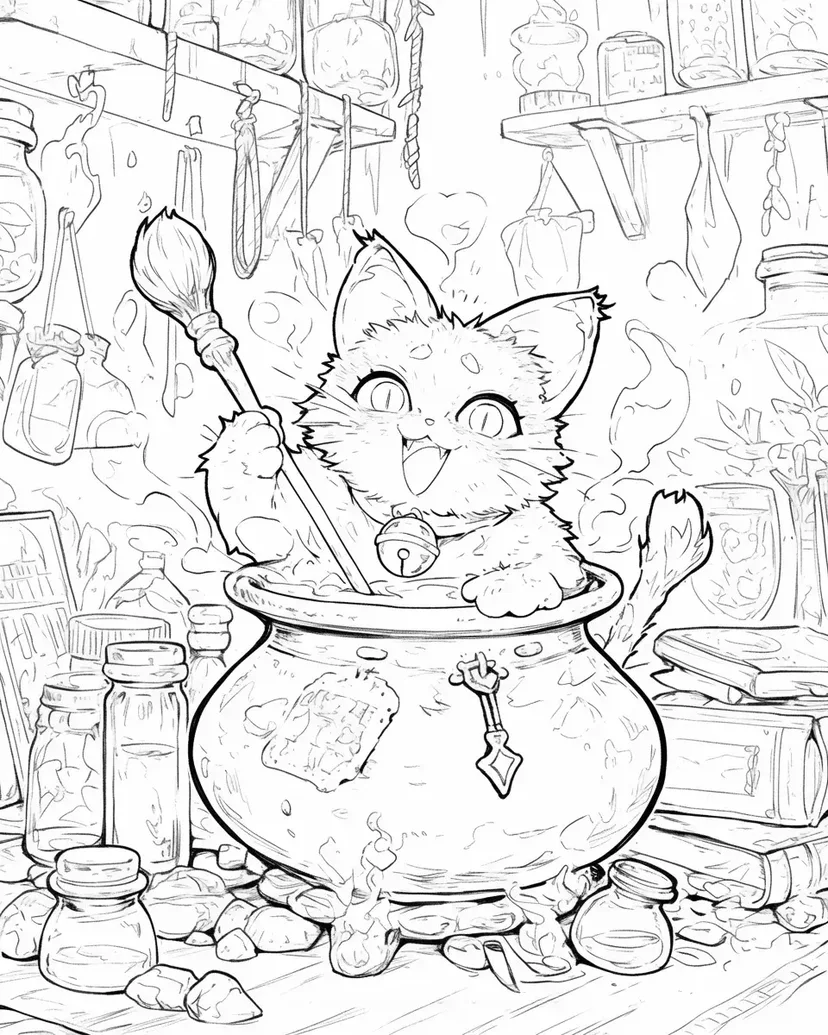 魔法锅与黑色小猫涂色页