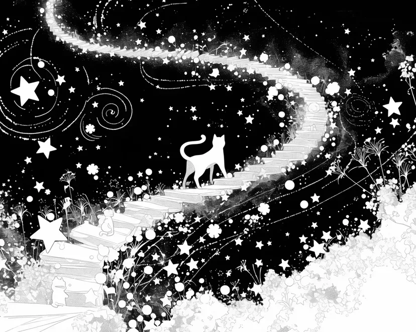 Dibujo de Gato Caminando en el Cielo Estrellado para colorear