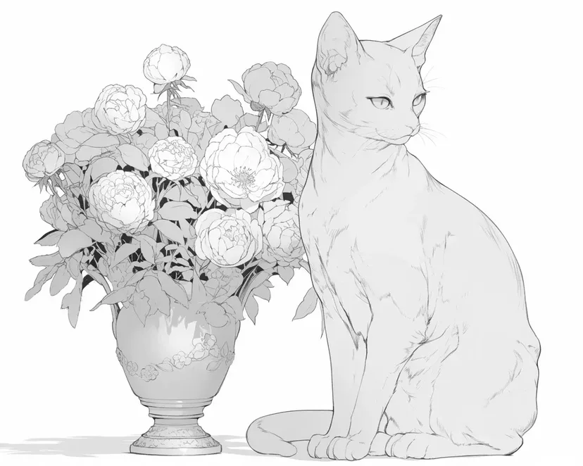 優雅な猫と花の静物画の塗り絵