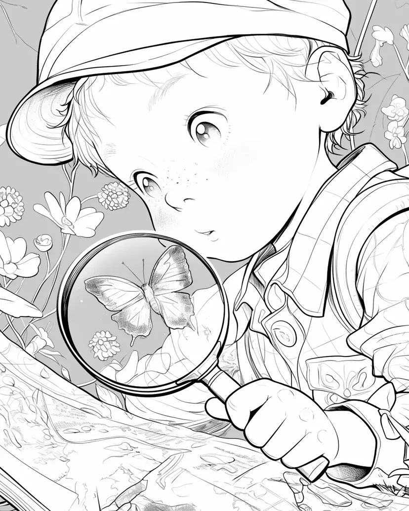 Desenho de Menino Observando com uma Lupa para colorir