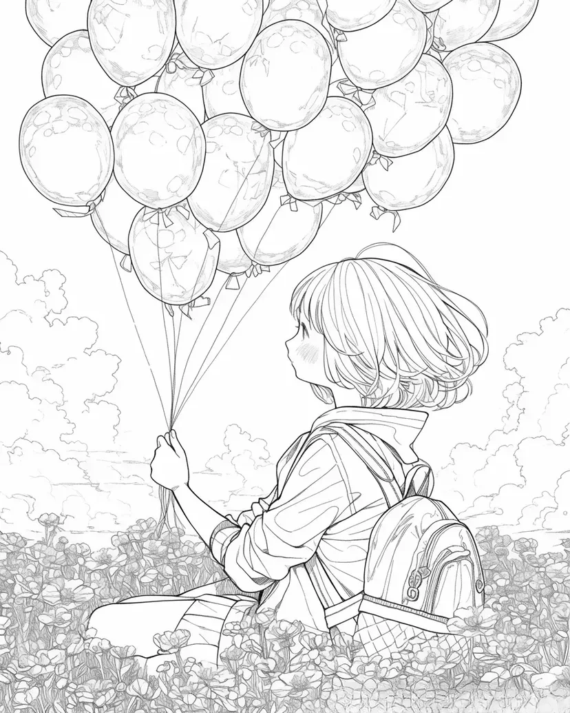 Dibujo de Niña Soñadora con Globos para colorear