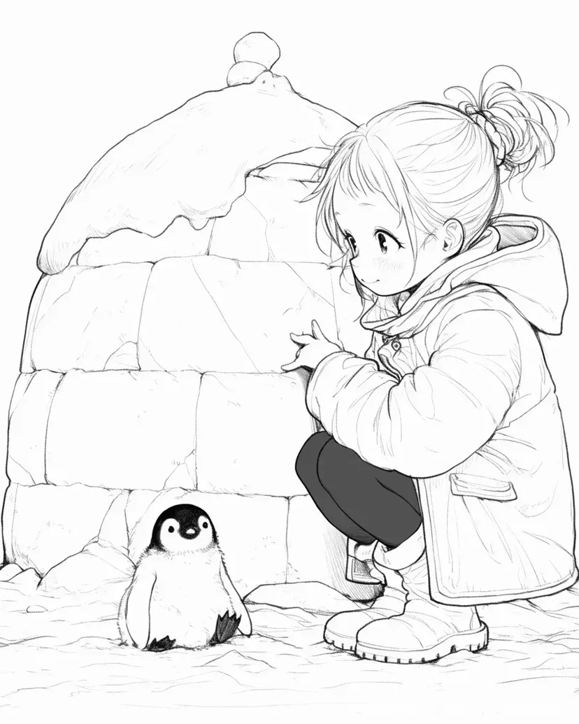 ペンギンの赤ちゃんと女の子の塗り絵