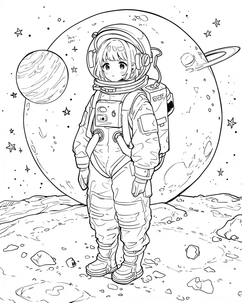 宇宙探検家の少女の塗り絵