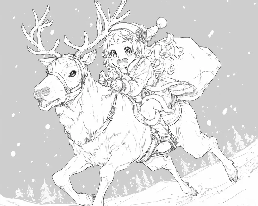 トナカイと冒険する少女の塗り絵