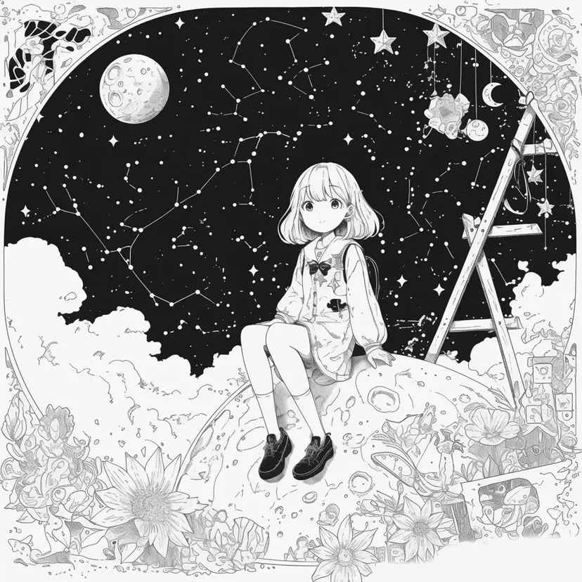 Dibujo de Niña Bajo el Cielo Estrellado para colorear
