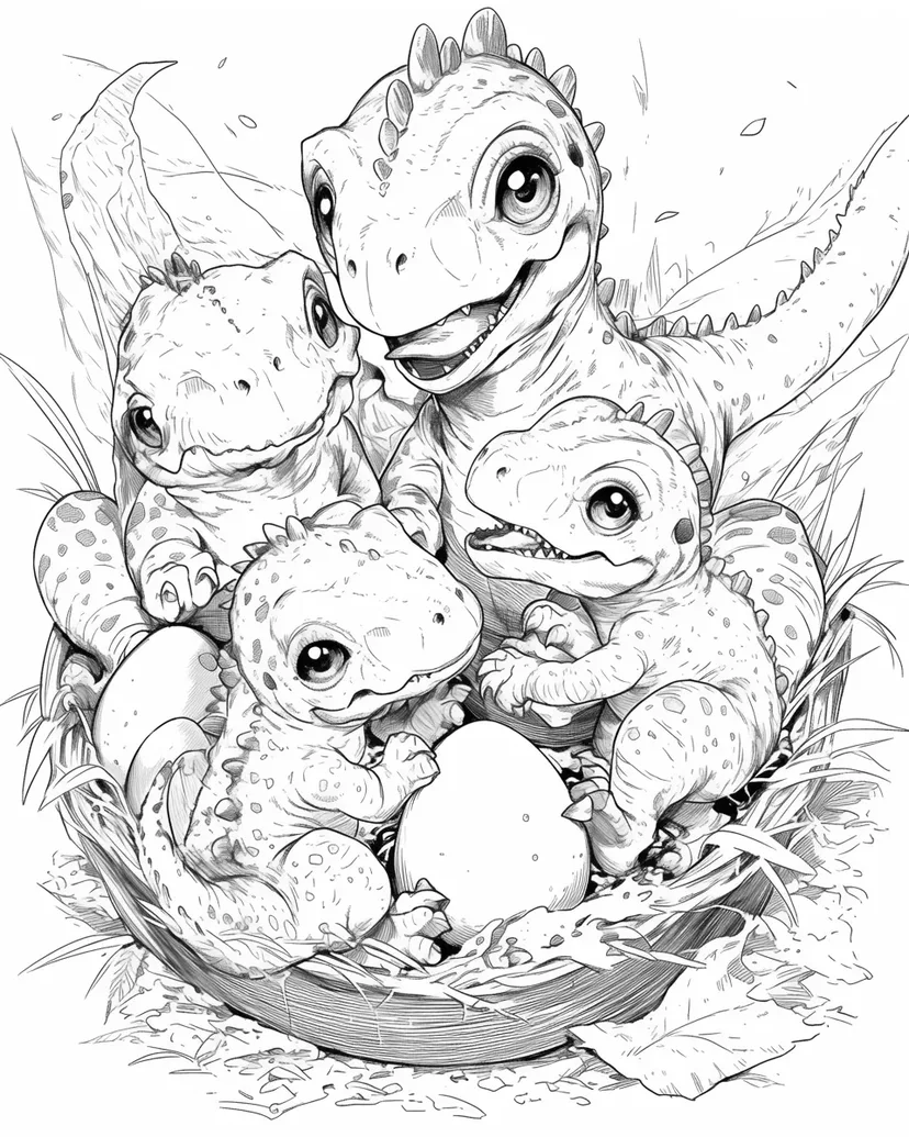 かわいい恐竜の家族の塗り絵