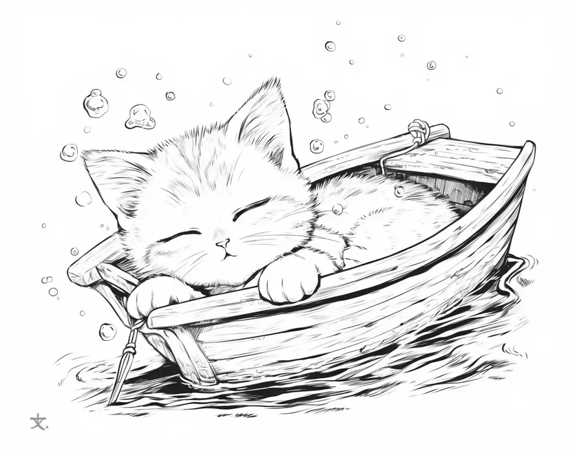 Gambar mewarnai Anak Kucing di Perahu Kecil