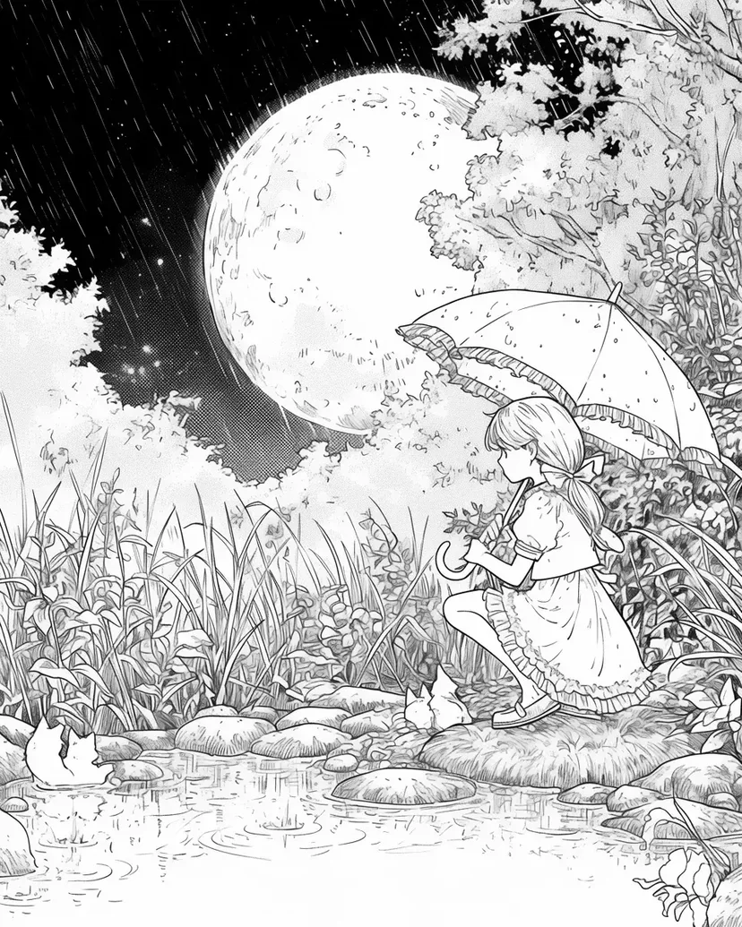 Dibujo de Bajo el Paraguas Iluminado por la Luna para colorear