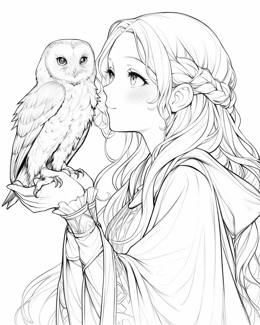 Desenho de Coruja e Menina para colorir