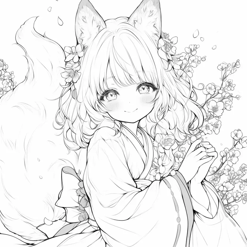 Dibujo de Chica Zorro Rodeada de Flores para colorear