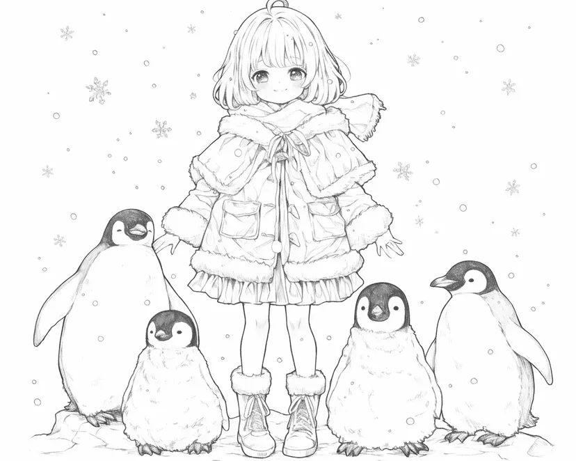 ペンギンと女の子の塗り絵