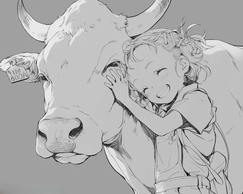 牛と少女の友情の塗り絵