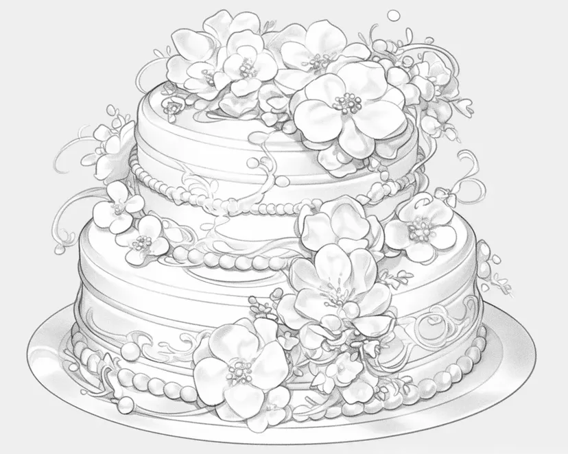 Dibujo de Pastel de Boda Lleno de Flores para colorear