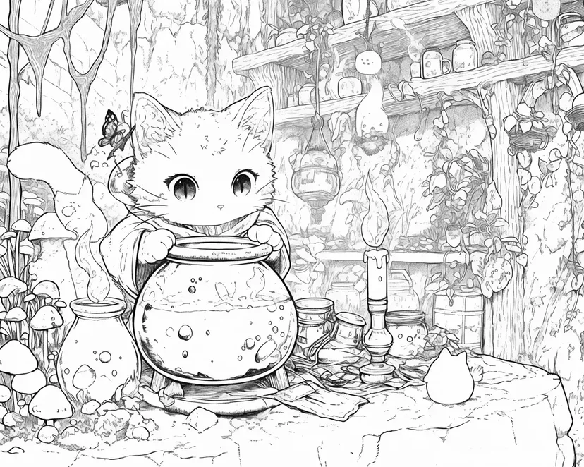 Desenho de O Gato Mágico e a Poção Misteriosa para colorir