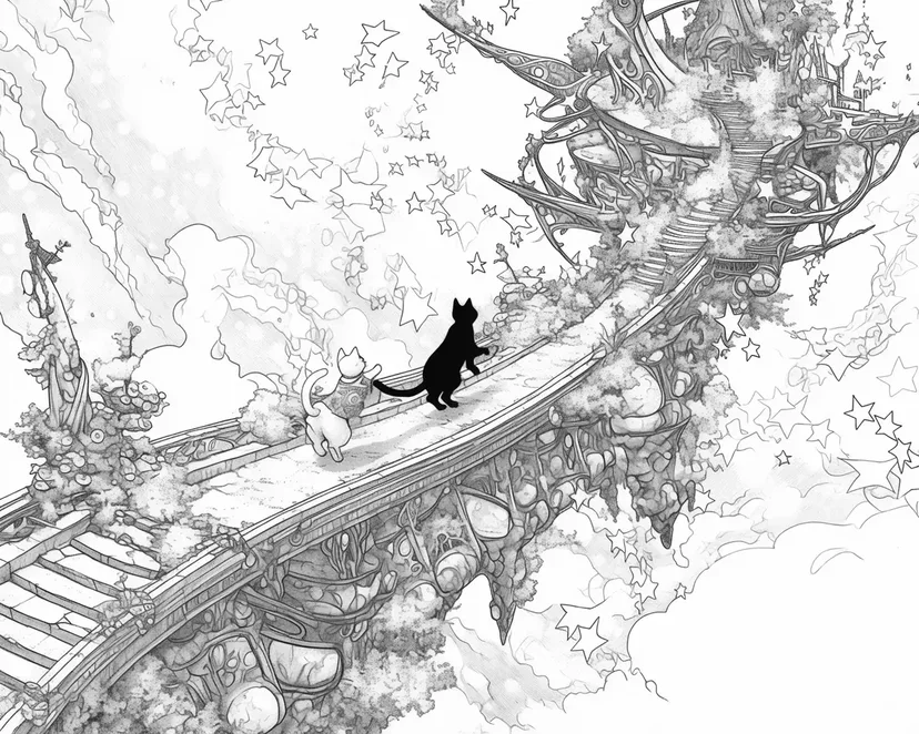 Dibujo de Gatos Caminando en el Puente de Estrellas para colorear