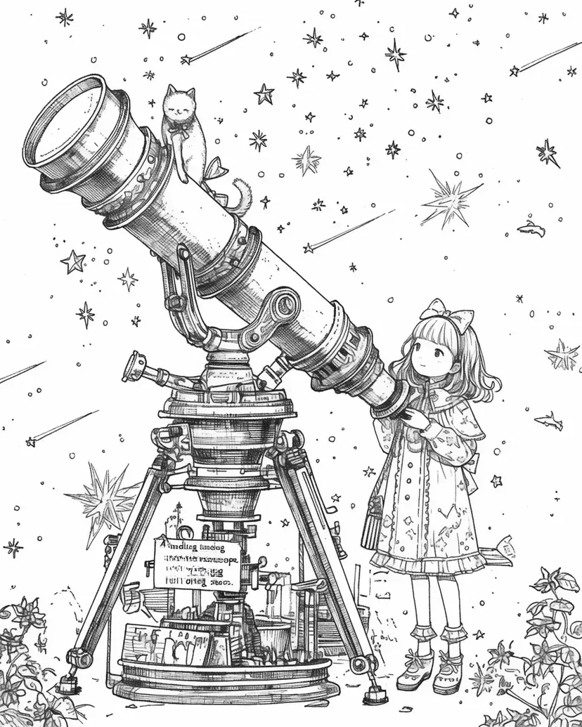 Desenho de Menina e Gato Observando as Estrelas para colorir