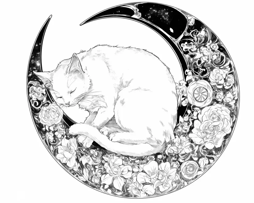 Dibujo de Gato Durmiendo en la Luna Creciente para colorear