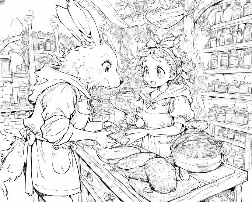パン屋の少女とウサギの塗り絵