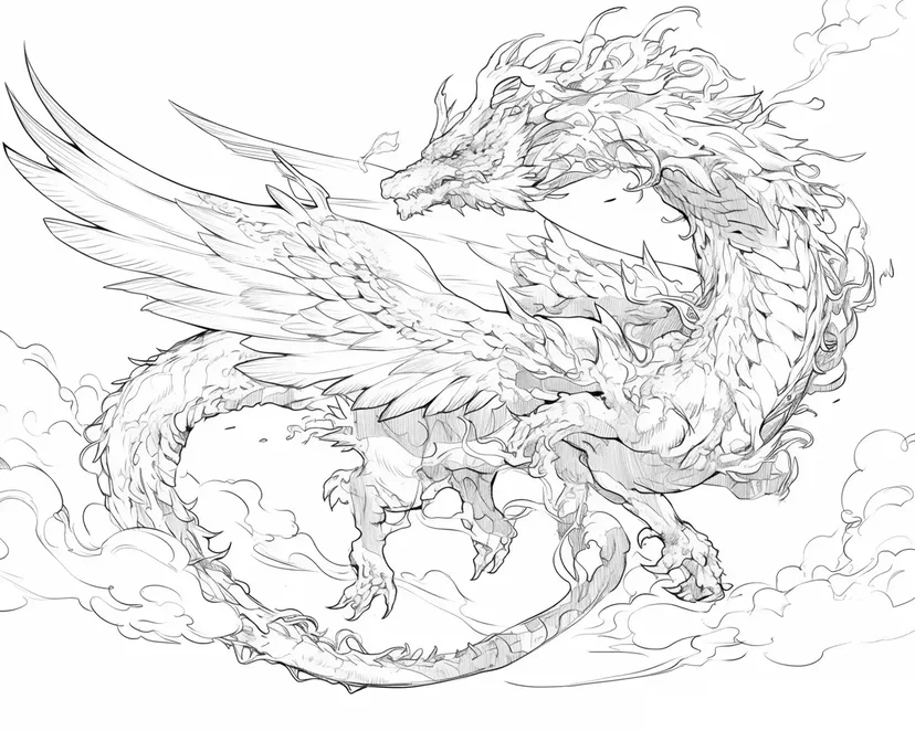 Gambar mewarnai Naga Mistis yang Terbang di Langit