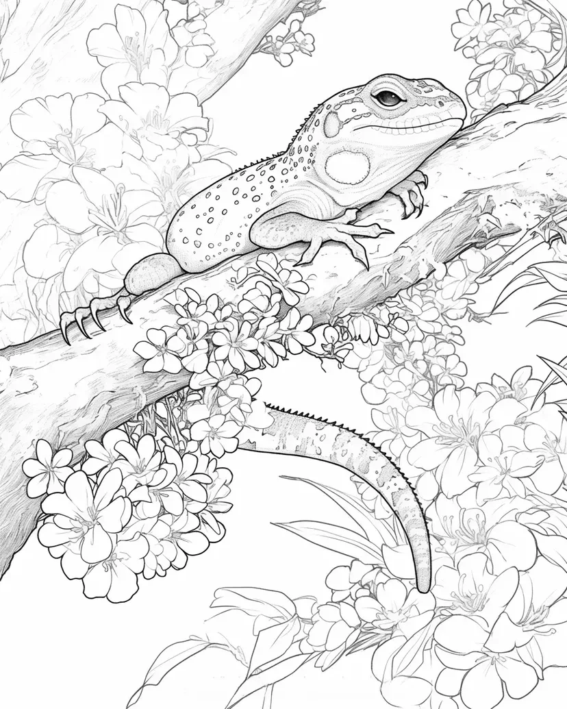 Lizard and Flowers coloring page