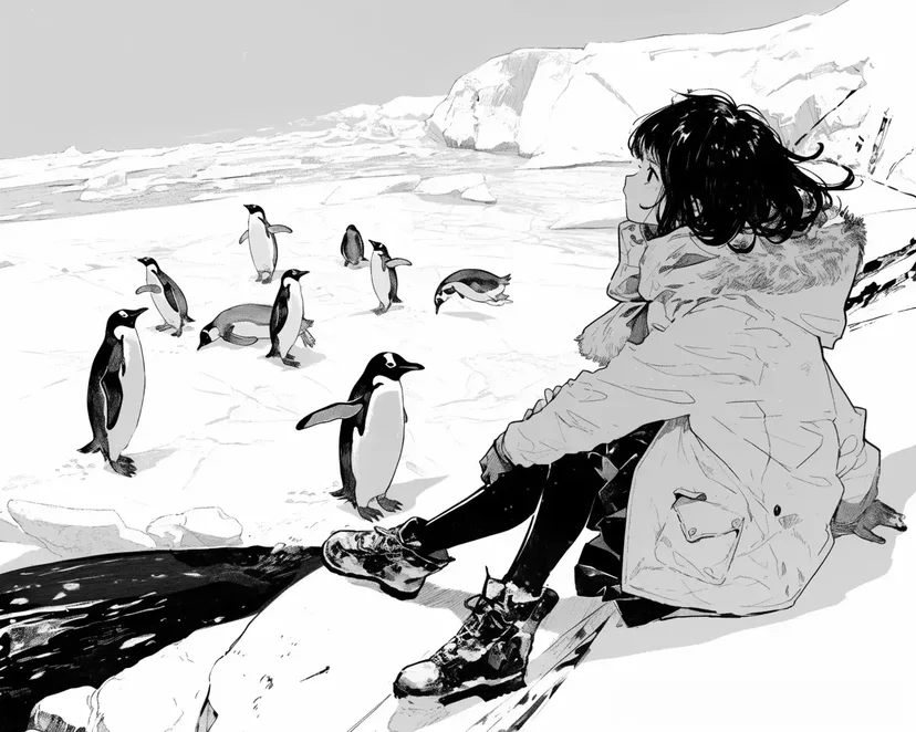 氷の上の少女とペンギンたちの塗り絵