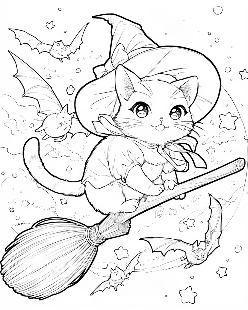 Coloriage Chat Malicieux sur un Balai Magique