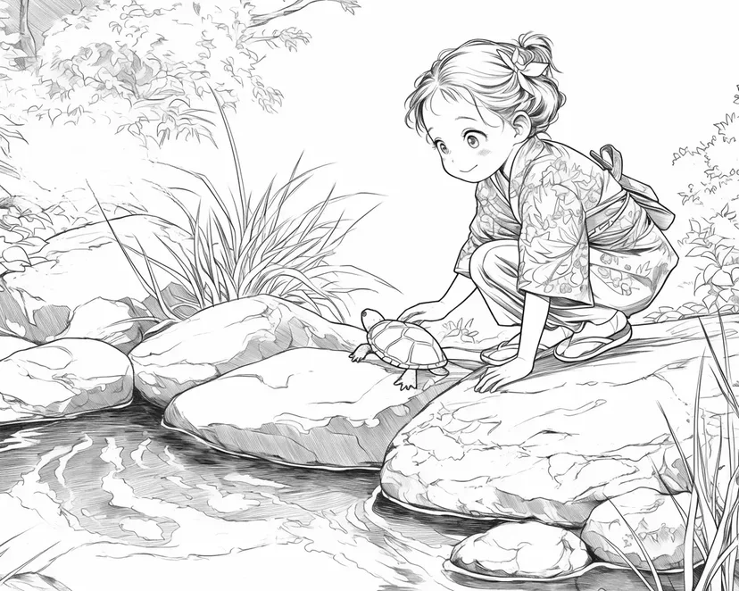 小さな亀と少女の塗り絵